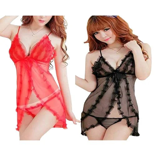 Pack of 2 nighties Transparent short with Panty simple net