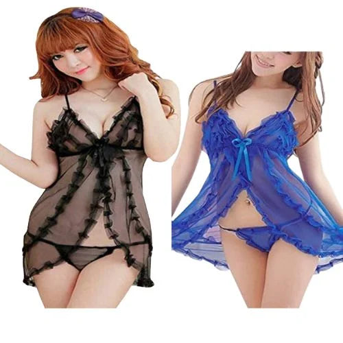 Pack of 2 nighties Transparent short with Panty simple net