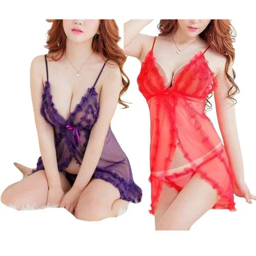 Pack of 2 nighties Transparent short with Panty simple net