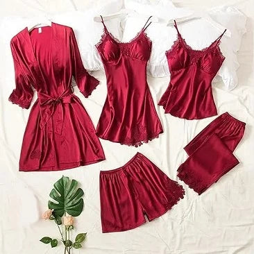Flourish Undergarments 5 pcs Non Padded Silk Satin Pajama Set Cami Top Nightgown Nightwear Sleepwear Robe Sets Lace Nightdress nighty